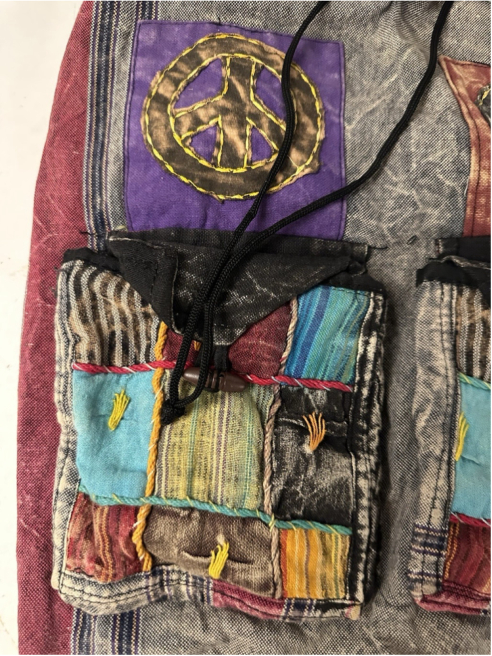 Boho Hippie Patchwork Drawstring Backpack Shoulder Bag Peace Sign Multi-Color - Picture 2 of 5